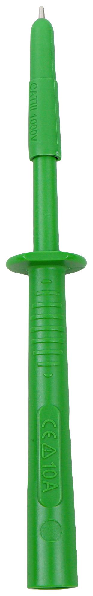 Zelený skúšací hrot s ryhovanou rukoväťou a kovovým hrotom, určený na elektrickú kontrolu alebo testovanie zariadení.