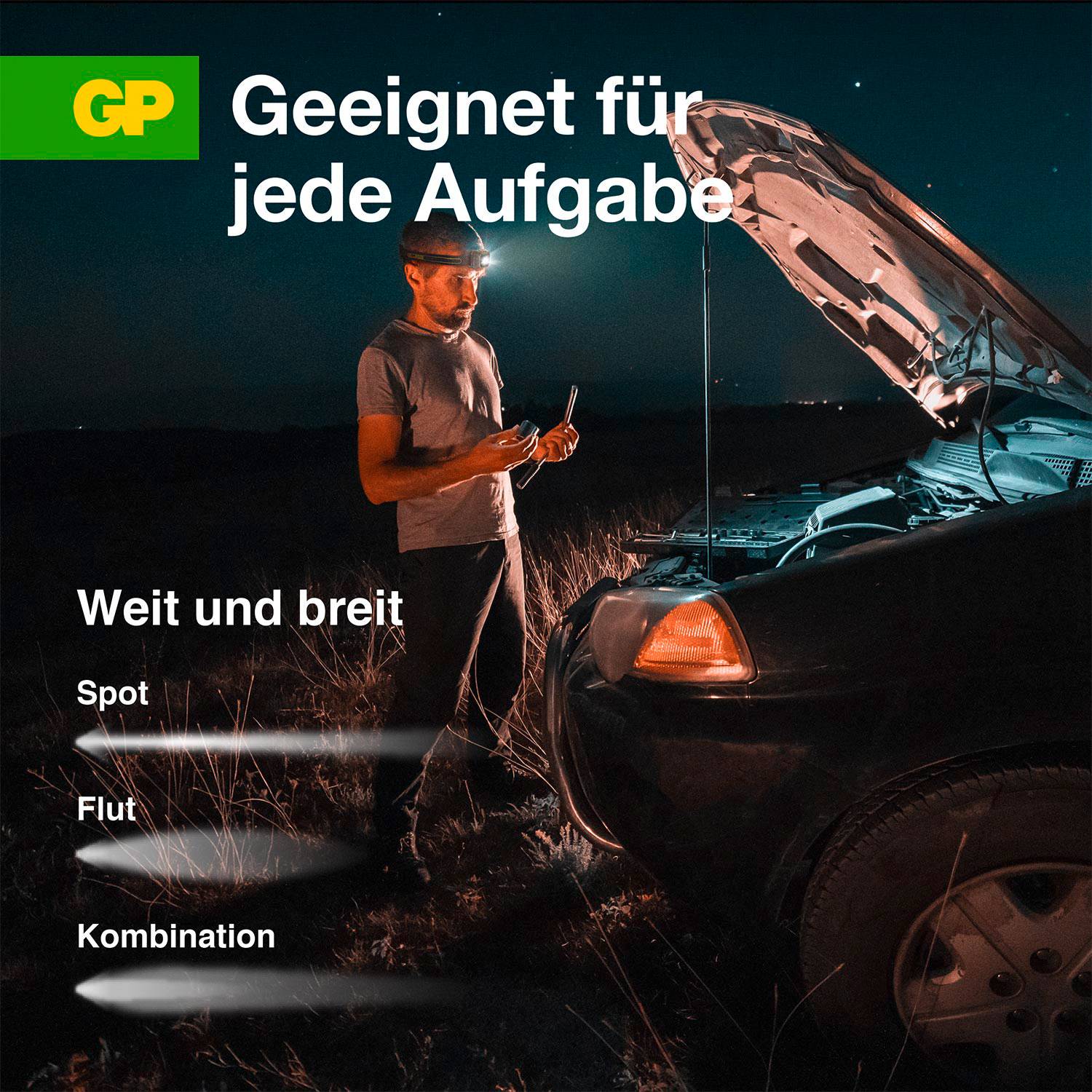 Muž stojí v noci s baterkou pred autom s otvorenou kapotou. Text 'Vhodné pre každú úlohu' nad ním.