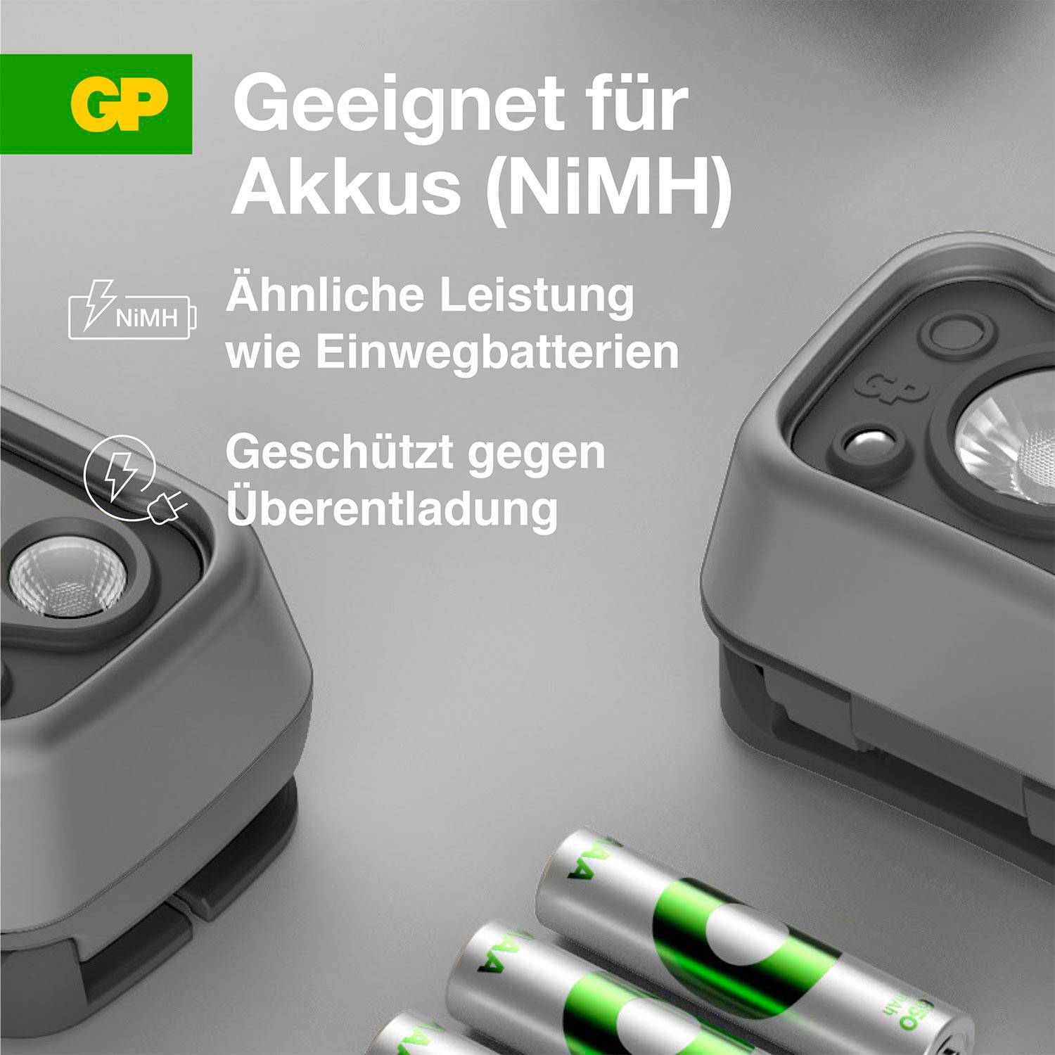 Vhodné pre batérie (NiMH) s výkonom podobným jednorazovým batériám a chráneným nabíjaním.' Obrázok nabíjacej stanice a akumulátorov.