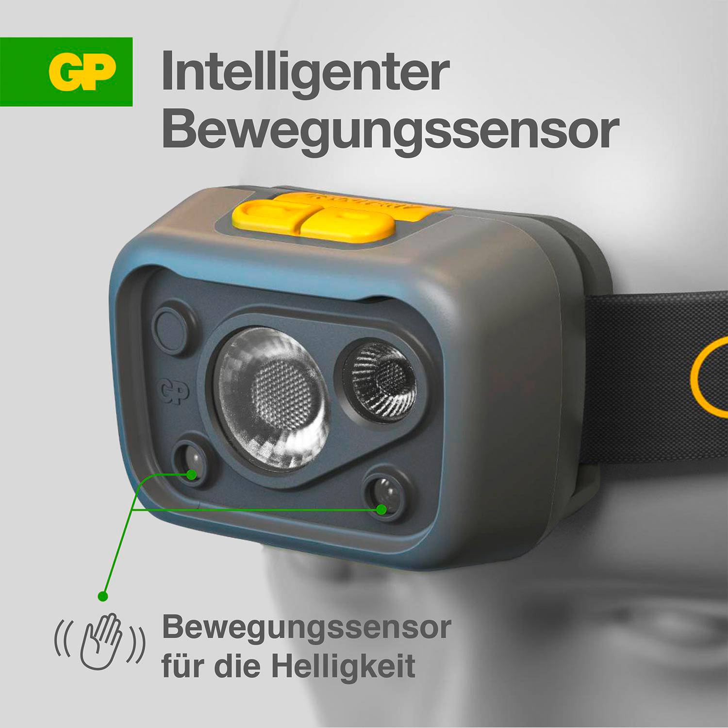 Svetlosivý pohybový senzor so žltými ovládacími prvkami na nastavenie jasu. Popis: Inteligentný pohybový senzor.