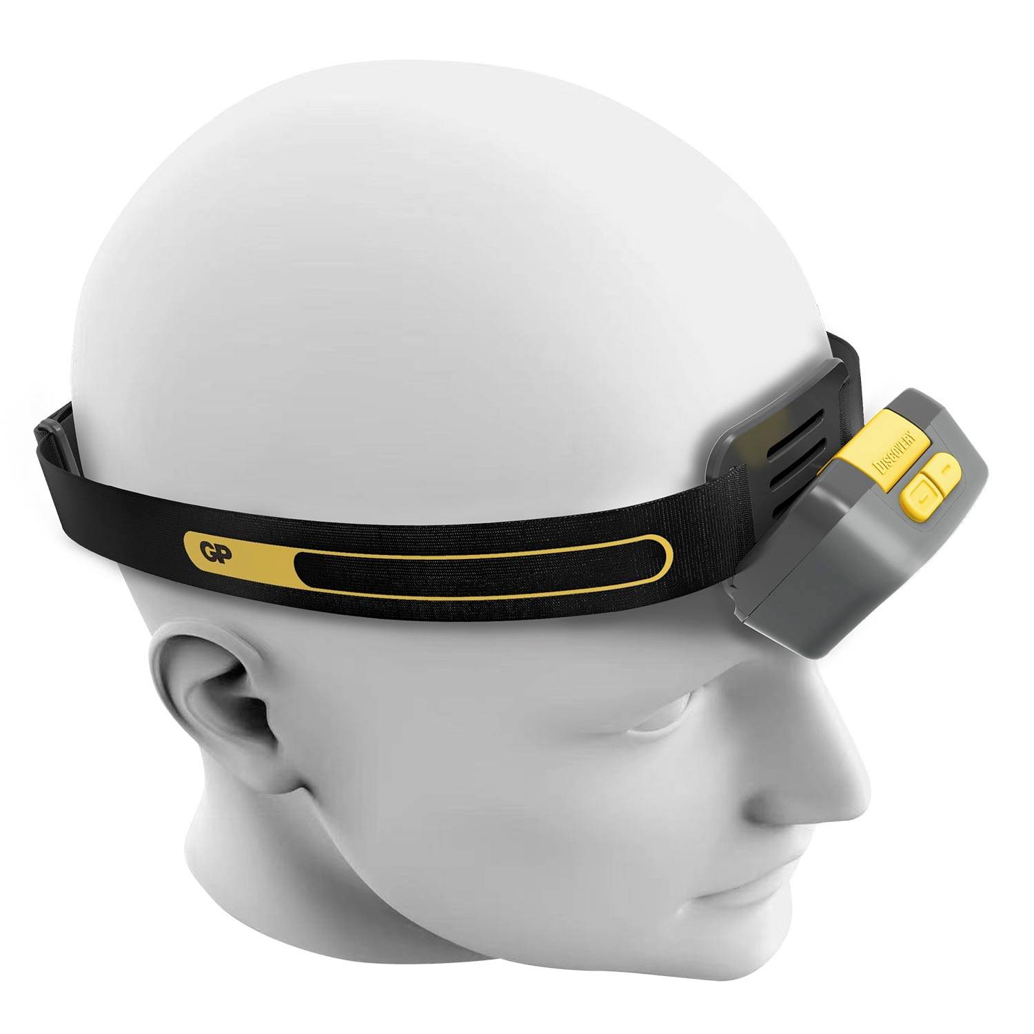 Model hlavy ukazuje čierne čelové svetlo s žltým tlačidlom, ktoré je upevnené nad čelom.