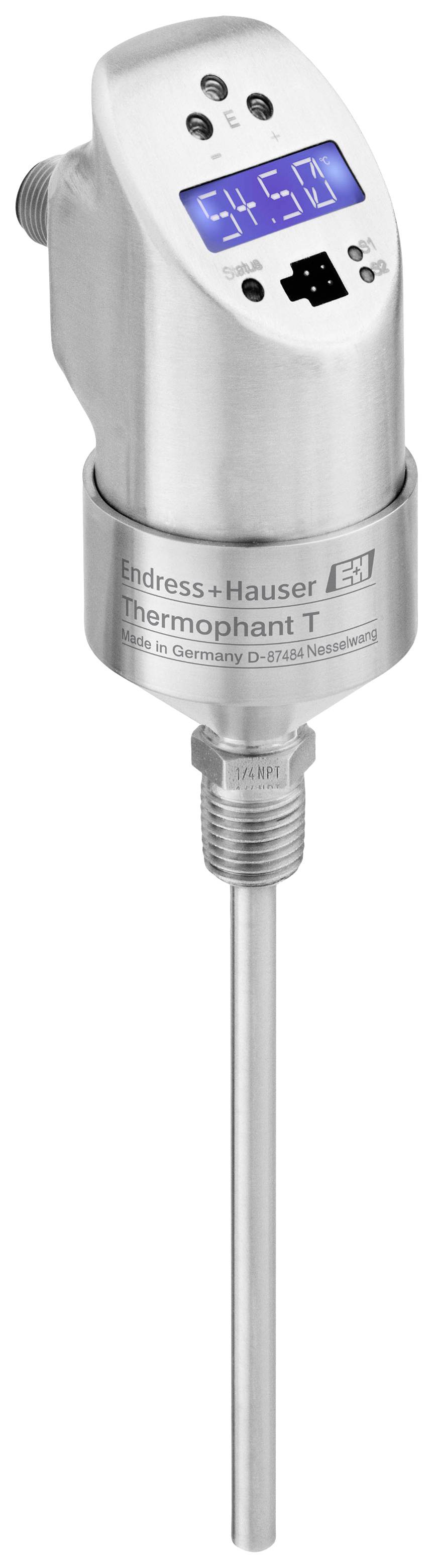 Teplotný snímač od Endress+Hauser, typ Thermophant T, s digitálnym displejom na zobrazenie teploty v stupňoch Celzia.