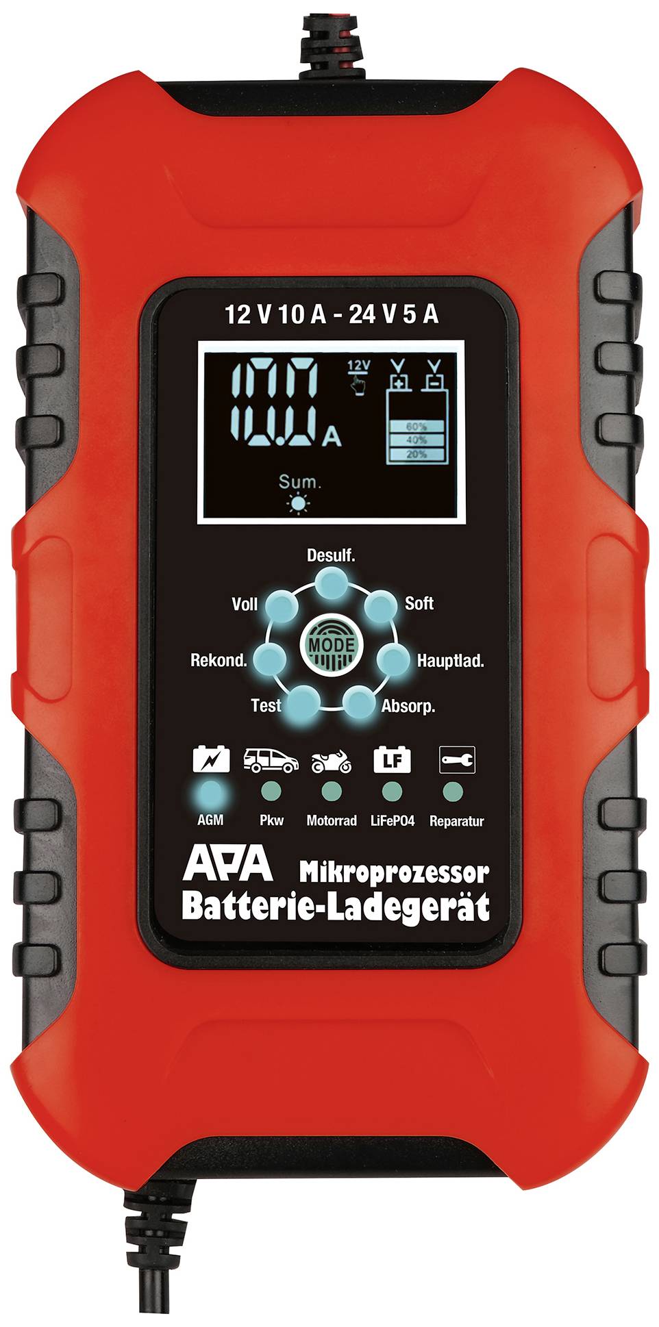 Červená mikroprocesorová nabíjačka batérií, 12V/10A a 24V/5A displej, s viacerými módmi a nastaveniami pre údržbu batérie.