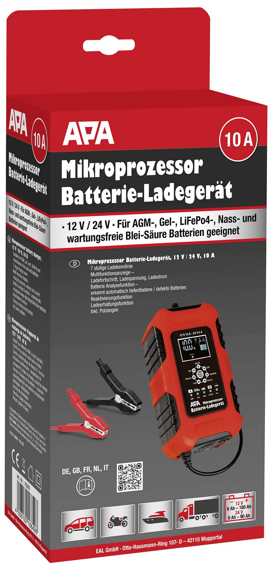 Balenie mikroprocesorového nabíjačky batérií od APA. Vhodné pre rôzne typy batérií, 12V/24V, výkon 10A.
