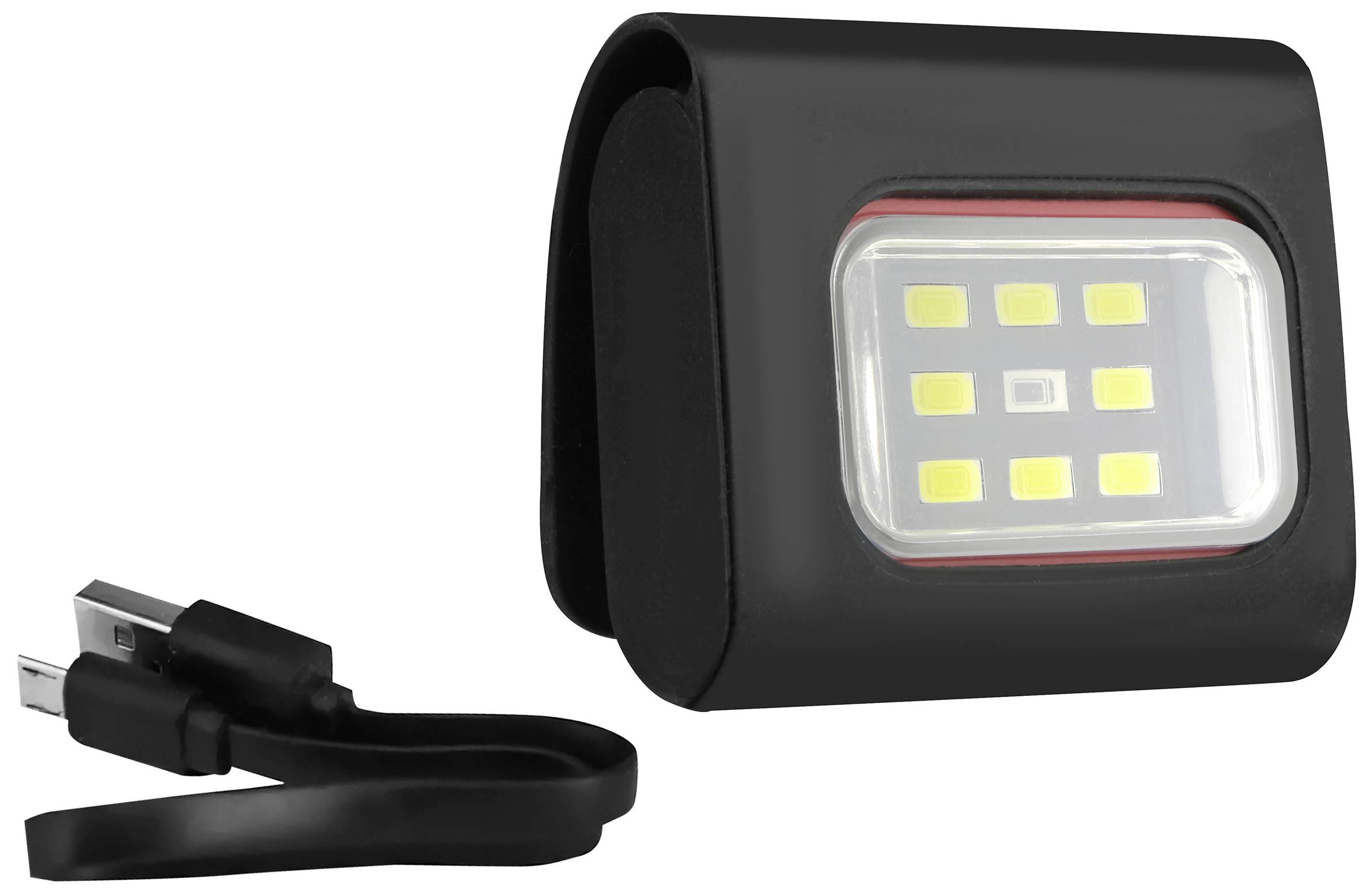 Prenosná LED lampa s čiernym obalom a USB nabíjacím káblom vedľa nej.