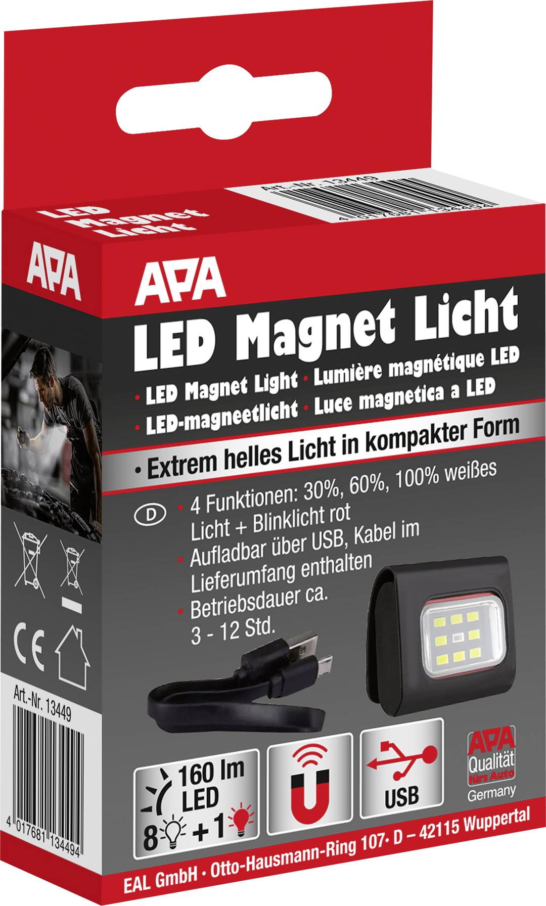 Obal produktu 'APA LED Magnet Svetlo' zobrazuje prenosné LED svetlo. Ponúka štyri úrovne jasu a je nabíjateľné cez USB.