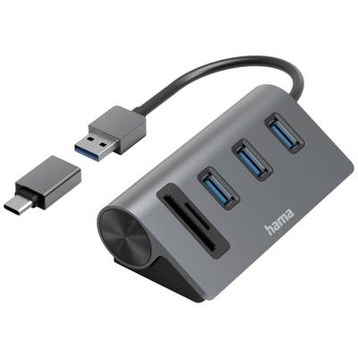 USB hub s tromi USB portami a dvoma sloťami pre pamäťové karty. Odpojiteľný adaptér z USB-A na USB-C. Značka 'hama'.