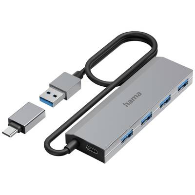 USB hub so štyrmi USB portami, jedným USB-C portom a USB-C adaptérom. Logo Hama na hornej strane.