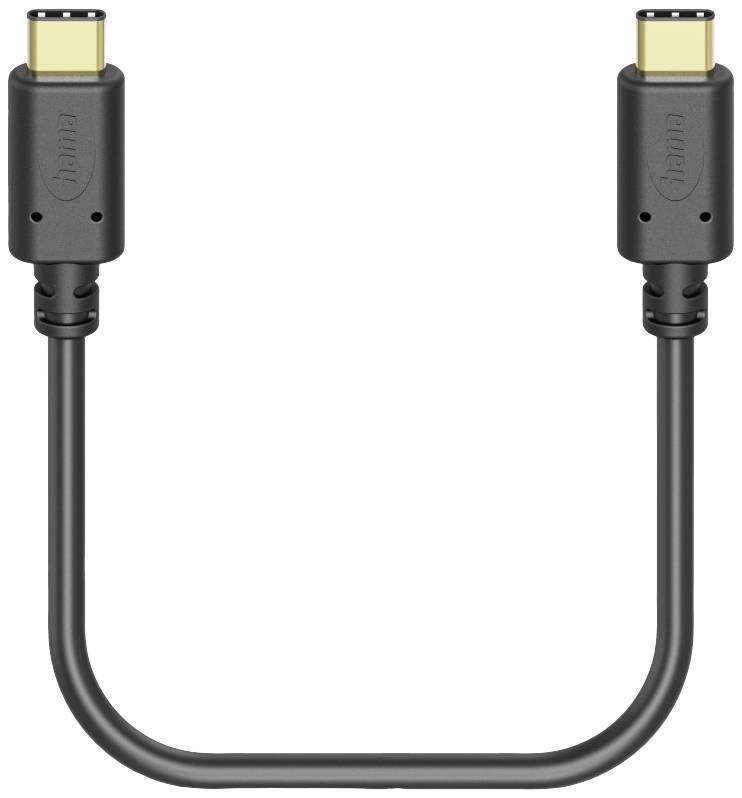 USB-C kábel s dvoma rovnakými koncovkami na oboch stranách. Kábel je ohnutý do tvaru písmena U. Logo značky na koncovkách.