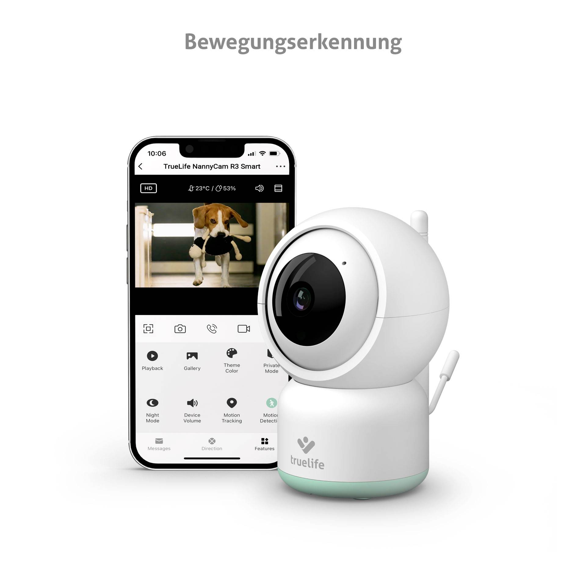 Kamera s monitorovaním pohybu so smartfónovou aplikáciou. Displej zobrazuje videoprenos dieťaťa v miestnosti.