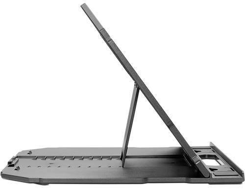 Stojan na laptop z bočného pohľadu. Nastaviteľný uhol, robustný dizajn, vhodný pre ergonomickú prácu na laptope.