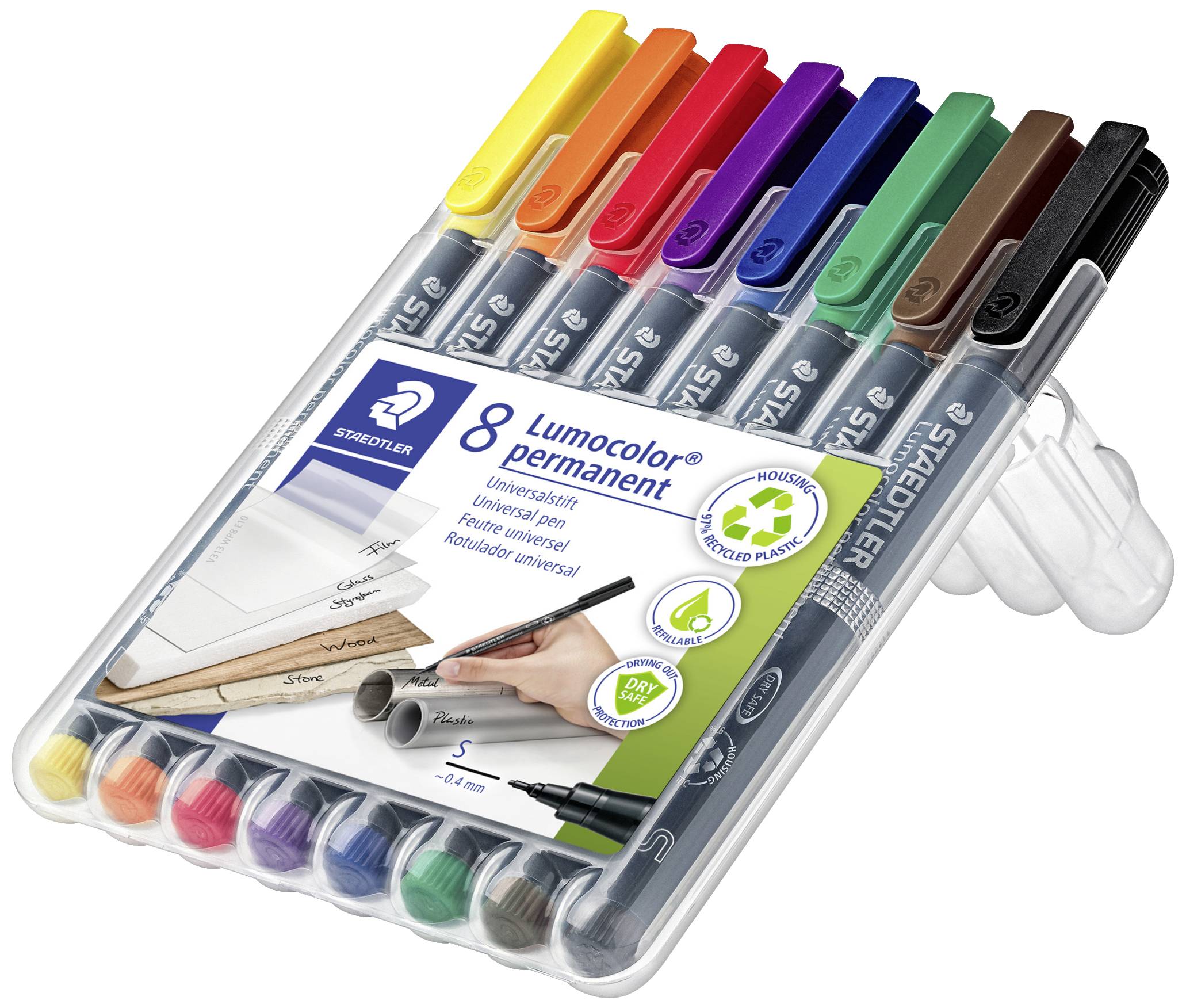 Balenie obsahuje 8 permanentných popisovačov Lumocolor v rôznych farbách, vhodných na papier, kartón, plasty a ďalšie povrchy.