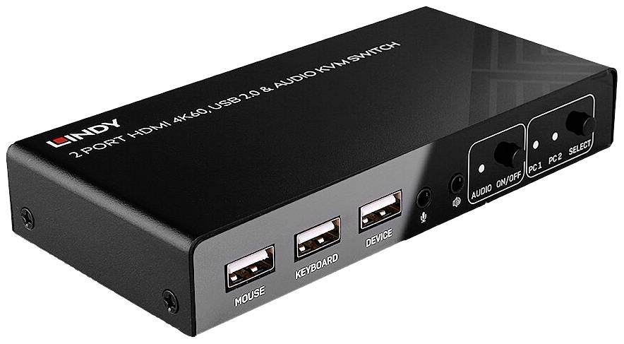HDMI prepínač s dvoma portami zobrazuje prípojky pre myš, klávesnicu a zariadenia. Ponúka správu zvuku a výberový prepínač.