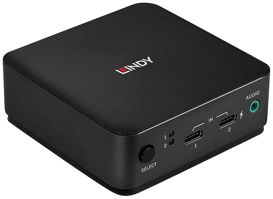 Čierny HDMI prepínač od Lindy s dvoma HDMI a audio zásuvkami, portom USB-C a výberovým tlačidlom na prednej strane.