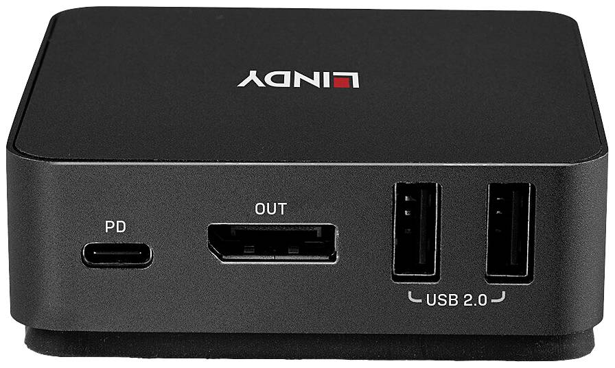 Čierne zariadenie s USB-C, HDMI výstupom a dvoma USB 2.0 portami. Firemné logo hore. Kompaktné, pravdepodobne adaptér alebo rozbočovač.