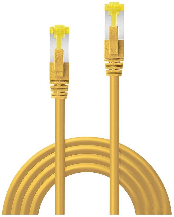 Žltý ethernetový kábel s dvoma konektormi RJ45 pre sieťové pripojenia.