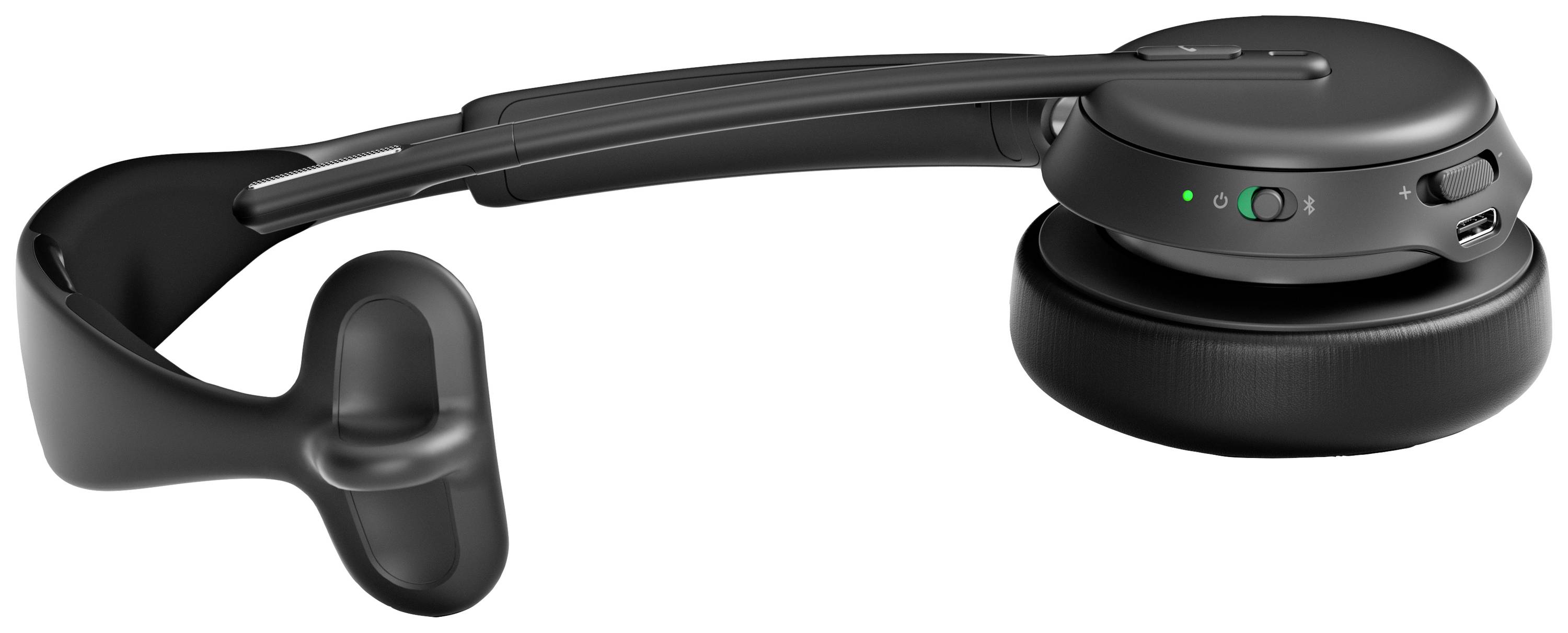 Čierny bezdrôtový headset s mikrofónom, nastaviteľným a flexibilným oblúkom. Ideálny pre hands-free hovory alebo hudbu.