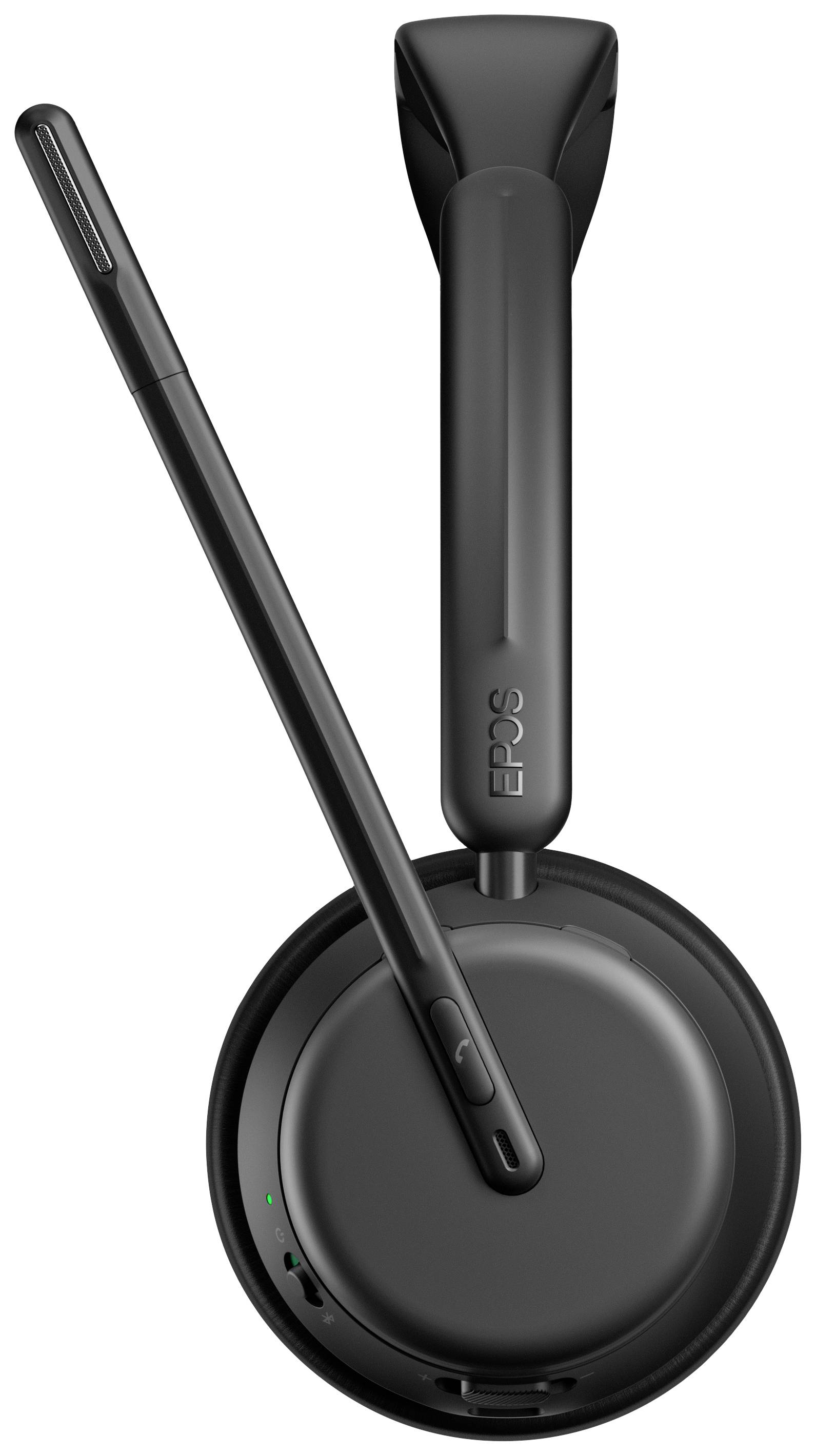 Čierna bezdrôtová headset so sklopným mikrofónom, umiestnená vertikálne pred bielym pozadím.