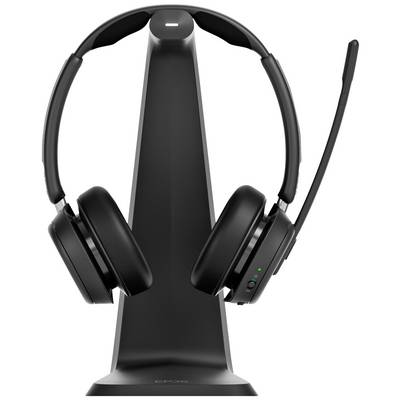 Čierna headset so vstavaným mikrofónom na stojane. Headset má mäkko vyložené slúchadlá a blikajúcu LED indikáciu na ramene mikrofónu.