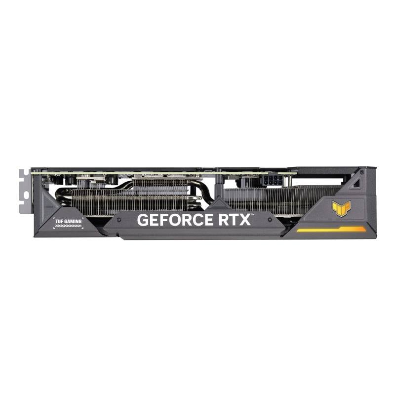 Grafická karta GeForce RTX s chladičmi v jednoduchom dizajne, pohľad z boku. Viditeľné logo TUF Gaming a žlté akcenty.