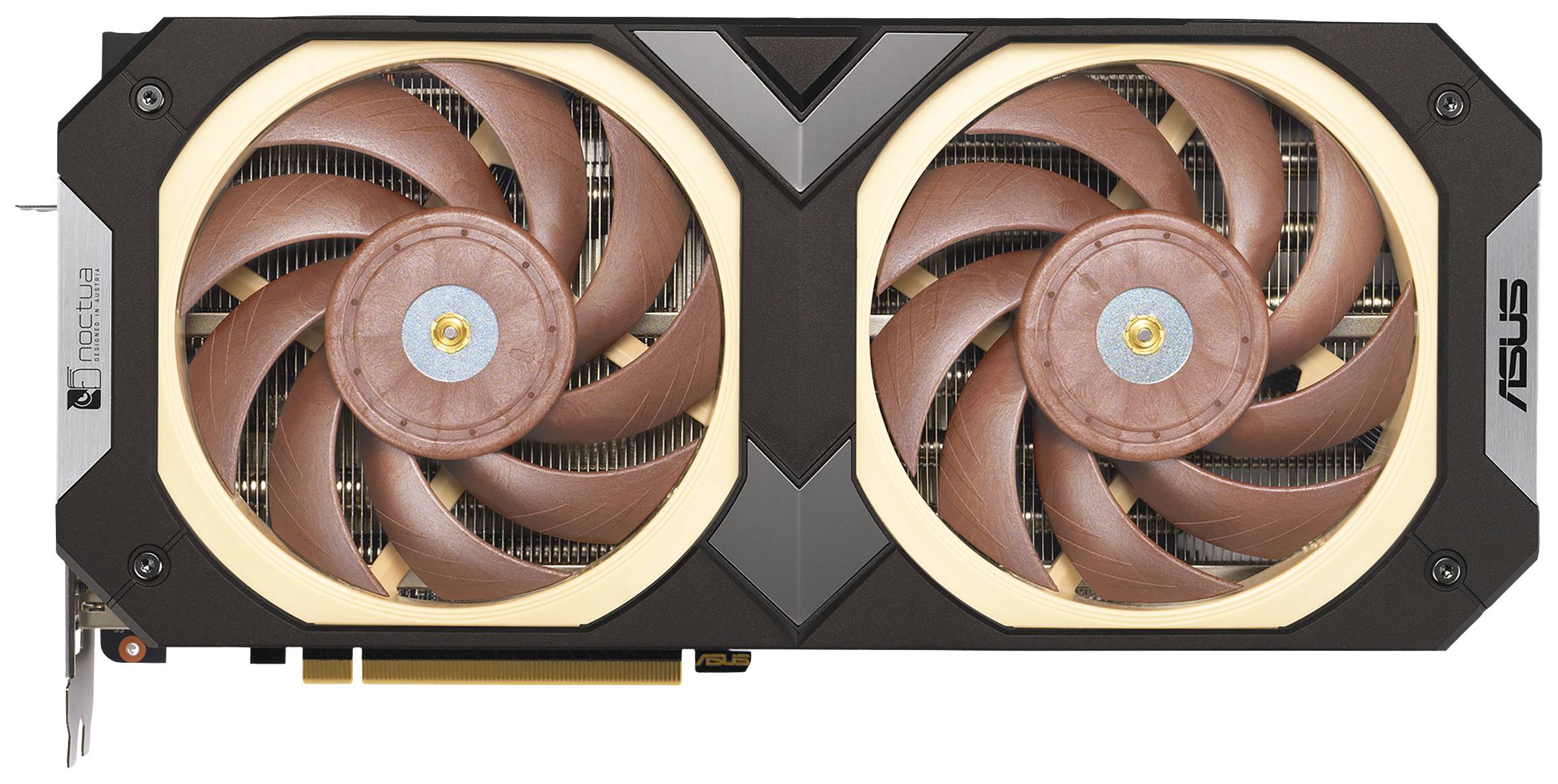 Grafická karta s dvoma veľkými ventilátormi a detailmi v hnedých a béžových odtieňoch.