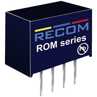 Štvoruholníková elektrická súčiastka značky RECOM, séria ROM, so štyrmi kovovými kolíkmi dole; používaná na reguláciu napätia.