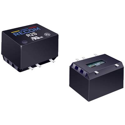 Čierny elektronický komponent s nápisom 'RECOM R2S' a symbolickými kontrolnými značkami, prezentovaný v dvoch pohľadoch.