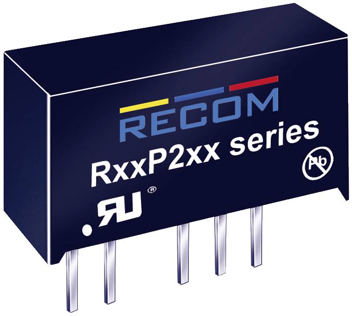 Elektronická súčiastka série 'RECOM RxxP2xx' so štyrmi vývodmi. Ide o menič jednosmerného napätia.