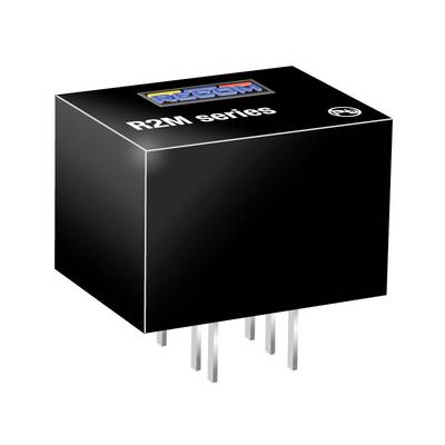 Čierna elektronická súčiastka série 'R2M' s viacerými kovovými kolíkmi dole, pravdepodobne určená pre použitie v elektronických obvodoch.