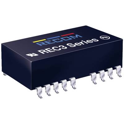 Čierny elektronický čip série 'REC3' od spoločnosti RECOM s viacerými striebornými konektormi po stranách.