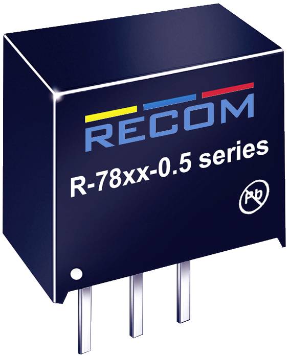 Čierna elektronická súčiastka s nápisom 'RECOM R-78xx-0.5 series' s troma pinmi na spodnej strane, používaná na reguláciu napätia.