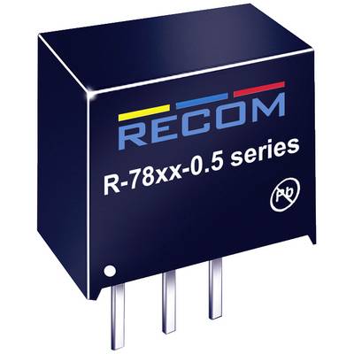 Čierna elektronická súčiastka s nápisom 'RECOM R-78xx-0.5 series' s troma pinmi na spodnej strane, používaná na reguláciu napätia.