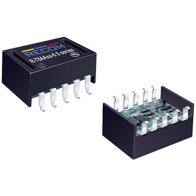 Menič napätia série RECOM R-78AAxx-0.5, zobrazujúci vonkajší kryt a vnútorné elektrické obvody s 8 pinmi, vhodný pre elektronické aplikácie.