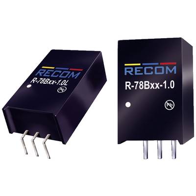 Dva čierne napäťové regulátorové moduly RECOM s označením 'R-78Bxx-1.0'. Vľavo ležia piny horizontálne, vpravo stoja vertikálne.