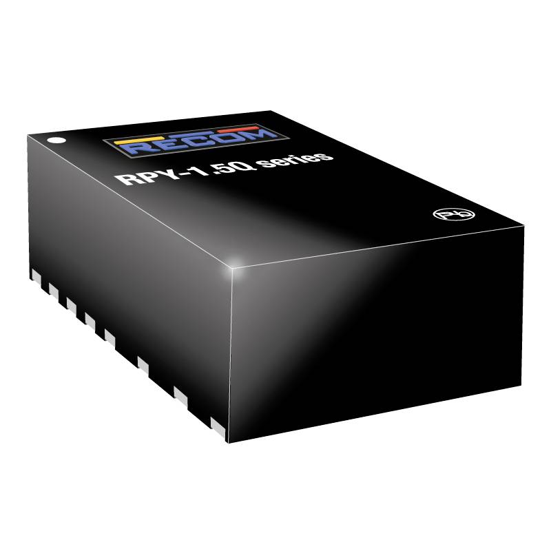 Čierna, obdĺžniková elektronická súčiastka s nápisom 'RECOM RPY-1.50 series'. Pôsobí kompaktne a priemyselne.