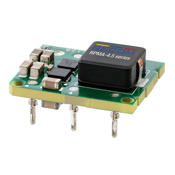 Malá zelená doska plošných spojov (PCB) s niekoľkými elektronickými súčiastkami a nápisom 'RECOM RPMA-4.5 series'.