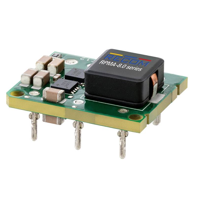 Elektronický modul s RPMA-8.0 komponentom od RECOM na zelenej doske plošných spojov s viacerými ďalšími súčiastkami.