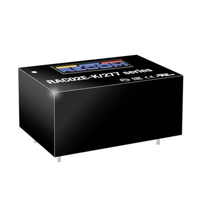 Čierna elektronická súčiastka s nápisom 'RAC02E-K/277 series'. Obdĺžnikový tvar s kovovými kolíkmi dole.