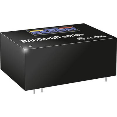 Čierne elektronické púzdro s nápisom 'RAC04-GB series'. Značky: CE a UL. Obdĺžnikový tvar s kovovými kolíkmi dolu.