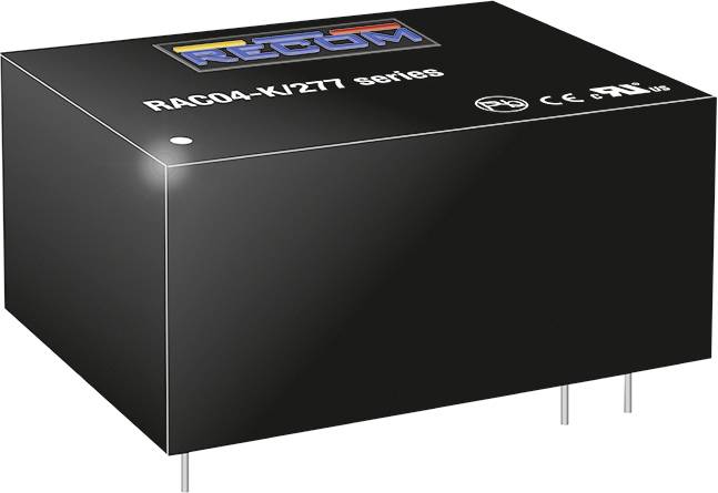 Elektronický modul RAC04-K/277 série od RECOM, s viditelnými CE a UL certifikátmi, čierny obdĺžnikový tvar s dvomi kolíkmi.