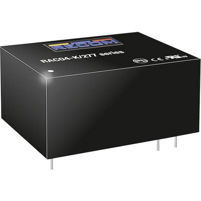Elektronický modul RAC04-K/277 série od RECOM, s viditelnými CE a UL certifikátmi, čierny obdĺžnikový tvar s dvomi kolíkmi.