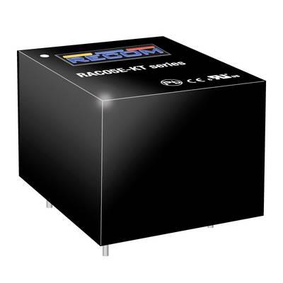Čierny elektronický transformátor s nápisom 'RAC05E-KT séria'. Vhodný pre premenu a reguláciu energie.
