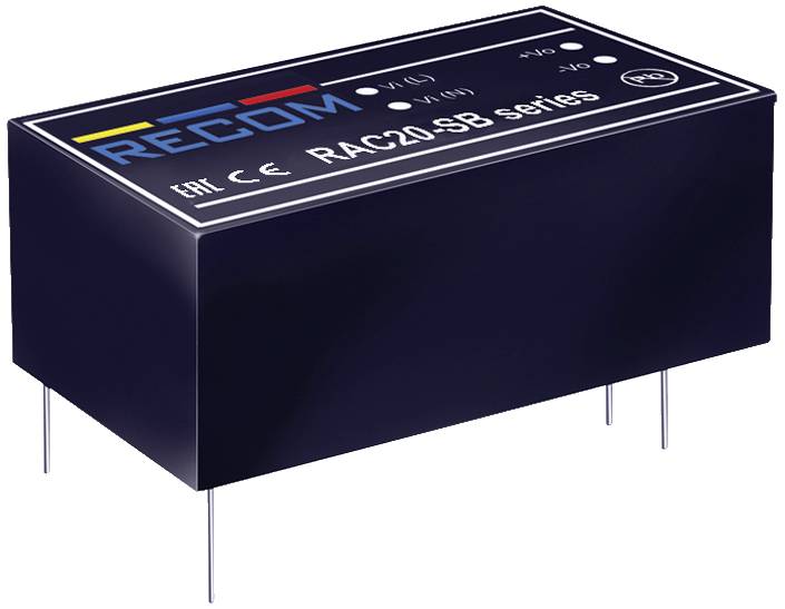 Čierne elektronické modul s nápisom 'RECOM RAC20-SB séria', zobrazuje polaritu vstupu/výstupu a bezpečnostné certifikácie.