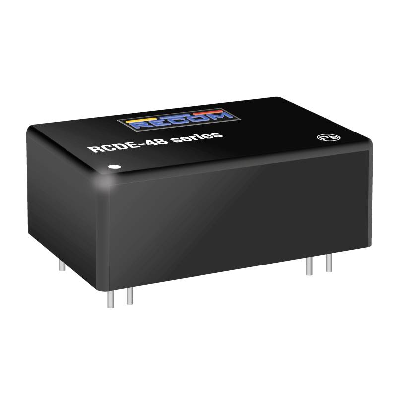Čierna elektronická súčiastka označená ako 'RCDE-48 series' má štyri pripájacie kolíky. Je navrhnutá v obdĺžnikovom a kompaktnom tvare.