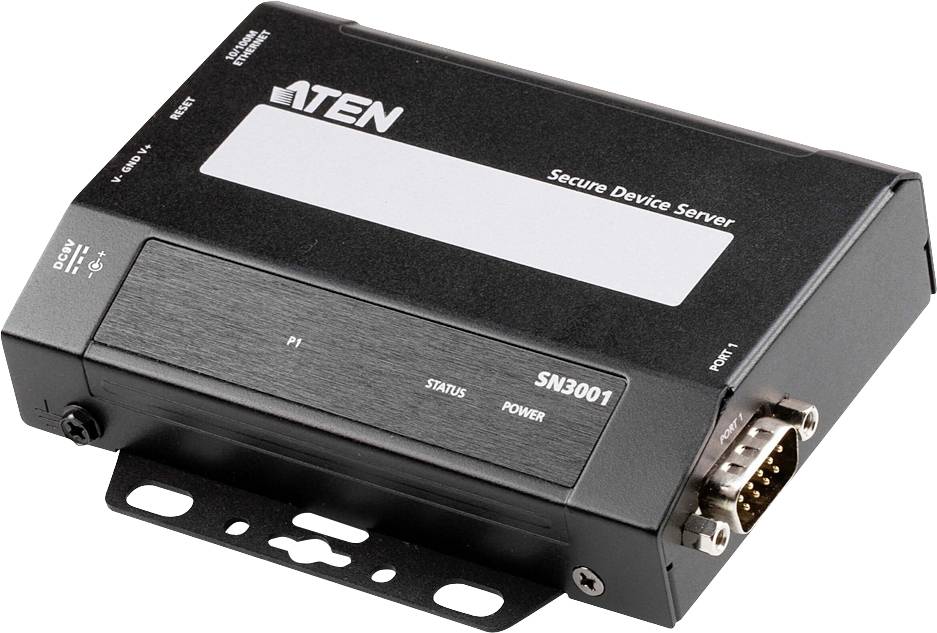 Čierny bezpečný serverový prístroj s modelovým číslom 'SN3001'. Vľavo viditeľné prípojky, vpravo sériový port.