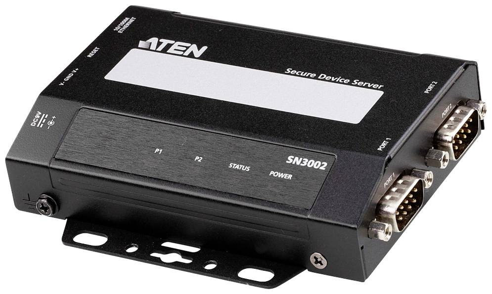 Čierny Secure Device Server s modelovým číslom SN3002. Vľavo sa nachádzajú stavové LED diódy; vpravo sú dva sériové porty.