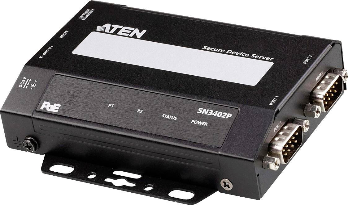 Čierny 'Aten SN3402P Secure Device Server' s portami a indikačnými LED, podporujúci bezpečný prenos dát cez sieť.