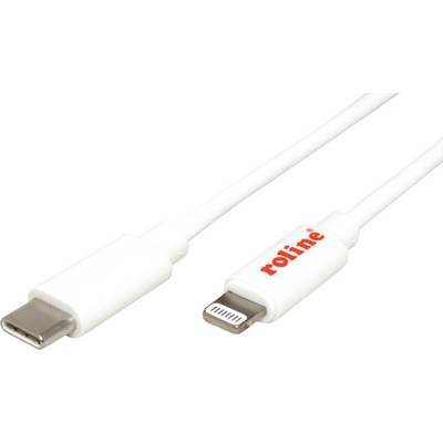 Biely kábel s konektormi USB-C a Lightning, vhodný na prepájanie alebo nabíjanie zariadení s rôznymi typmi portov.