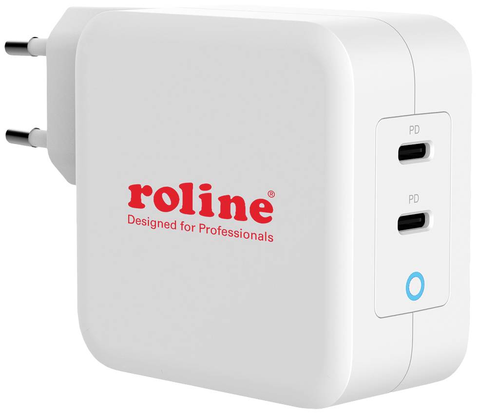 Biele USB nabíjačka s dvoma USB-C portmi a nápisom 'roline Designed for Professionals' v červenej farbe.
