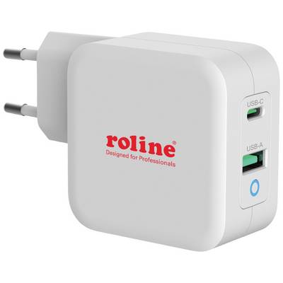Biela nabíjačka s dvoma portami: USB-C a USB-A. Označená červeným písmom nápisom 'roline Designed for Professionals'.